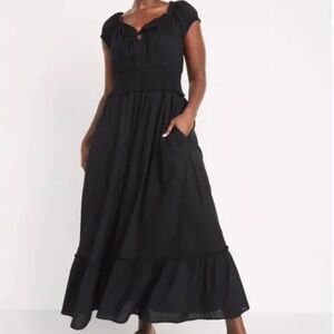 Old Navy Women's Black Waist-Defined Puff-Sleeve Clip-Dot Midi Dress Goth